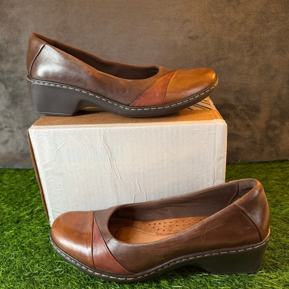 Cobb Hill Shoes - Cobb Hill Brown Leather Wedge Pumps Round Toe Slip On Shoes CAF01BRM Womens 8.5